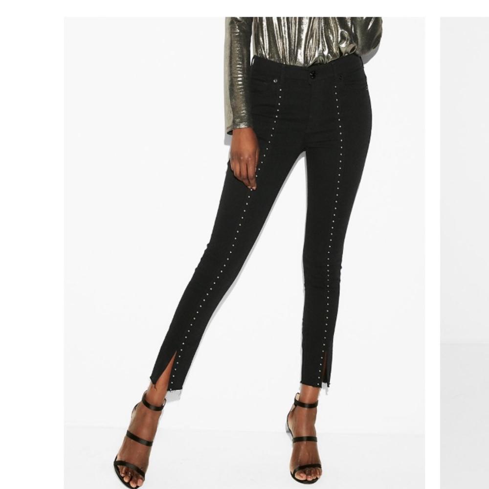 Ankle slit studded black skinny jeans